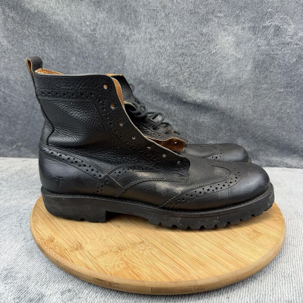 Frye Earl Boots Mens Size 10.5 D Black Leather Brogue Wingtip Ankle Lug Sole